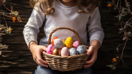 Easter eggs in a basket in the hands of a child.の素材