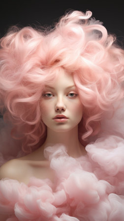 Beautiful young woman with pink curly hair. Beauty, fashion.の素材