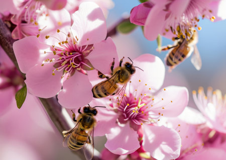 Bees pollinating peach blossom in springtime, close upの素材