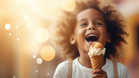 Latin American child portrait enjoying color ice cream cone, copy space. AI Generated contentの素材
