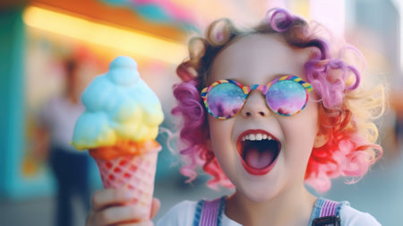 Cute little girl with ice cream in waffle cone outdoors.の素材