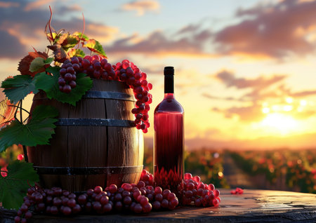 Wine barrel and grapes on wooden table in vineyard at sunsetの素材