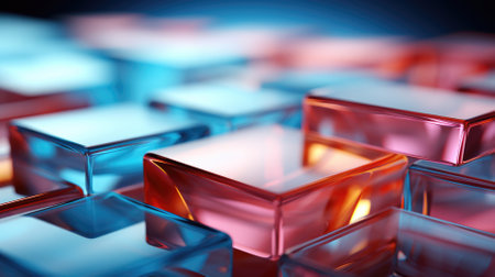 abstract 3d rendering of glass cubes in red and blue lightの素材