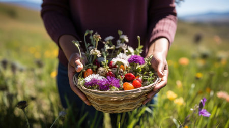 Close-up of woman holding basket with wild flowers in the fieldの素材