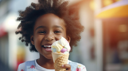 African American kid portrait enjoying color ice cream cone, copy space. AI Generated contentの素材