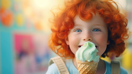 Cute red-haired child with ice cream in waffle coneの素材