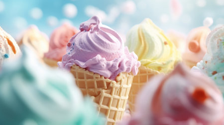 Colorful ice cream in waffle cones on blue background, close upの素材