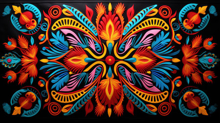 Colorful indian floral pattern on black background. Vector illustration.の素材