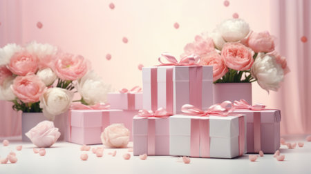 Valentine's day background. Pink gift boxes and flowers on white table.の素材