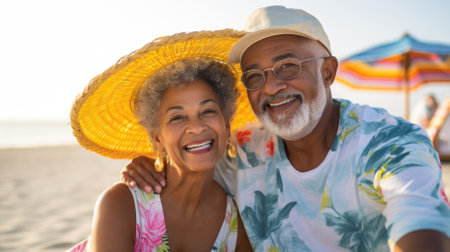 Portrait of happy senior couple sitting on beach and looking at cameraの素材