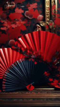 Japanese fan on the background of a red wall. 3d renderingの素材