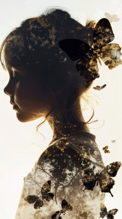 Silhouette of a beautiful little girl with butterflies in her hairの素材
