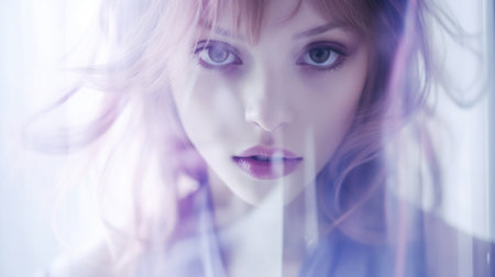portrait of a beautiful woman with pink hair and blue eyes.の素材