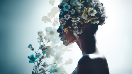 Portrait of beautiful African American woman with flowers in hairの素材
