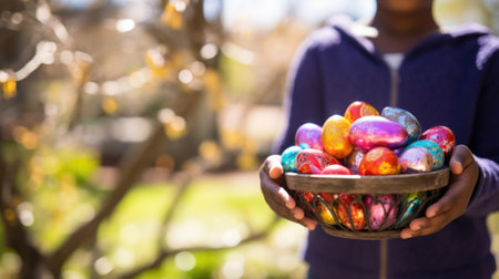 Close-up of woman holding basket with painted easter eggs in parkの素材
