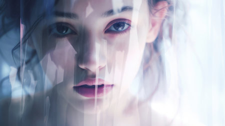 Portrait of a beautiful young woman looking through the blinds.の素材