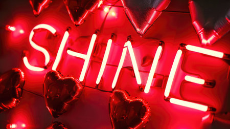 Glowing red neon lights sign spelling SHINE, dark background, retro 90s design. AI Generated Contentの素材