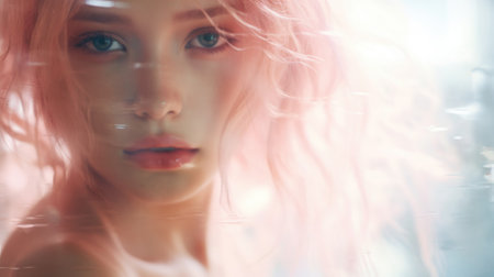 Beautiful young woman with long pink hair looking through the window.の素材