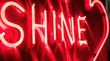 Neon sign of the word Shine in red light on dark backgroundの素材