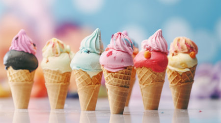 Ice cream cone with pink, blue, yellow and black flavors.の素材