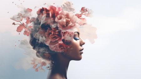 Portrait of a beautiful woman with flowers in her hair. Double exposureの素材