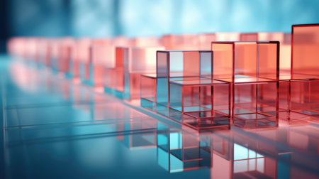 3d rendering of glass cubes in blue light background. Computer digital image.の素材