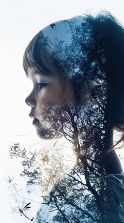 Double exposure portrait of beautiful girl with long hair and abstract tree.の素材