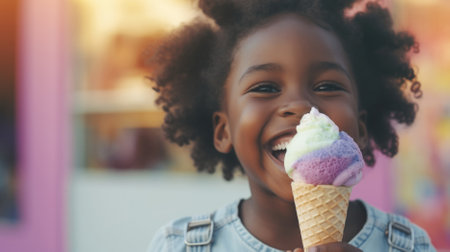 African American kid portrait enjoying color ice cream cone, copy space. AI Generated contentの素材