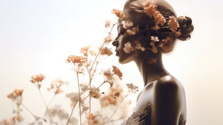 Wedding dress on a mannequin in a field of flowersの素材