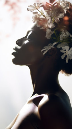 Silhouette of a beautiful black woman with flowers in her hairの素材