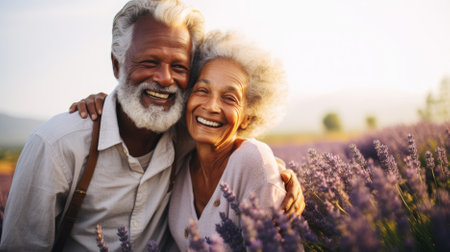Senior couple in lavender field. Elderly man and woman embracing and smiling.の素材