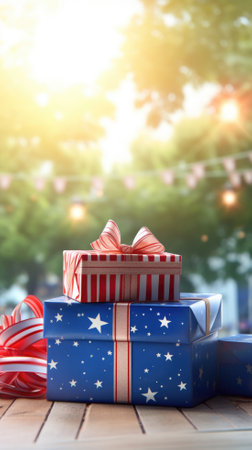 Gift boxes with american flag on wooden table with bokeh backgroundの素材