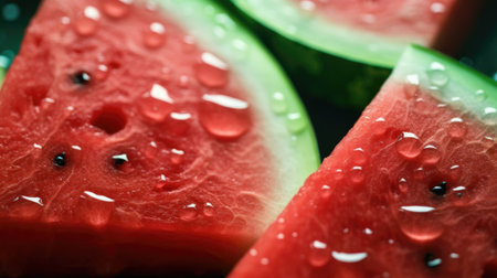 Watermelon slices with drops of water on a dark background. Close-up.の素材