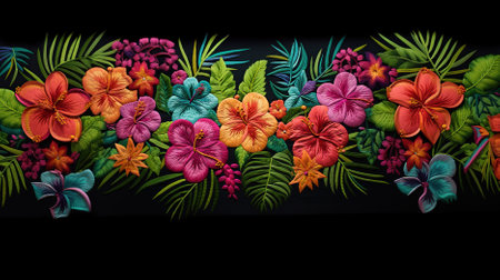Tropical background with hibiscus flowers, leaves and butterflies.の素材