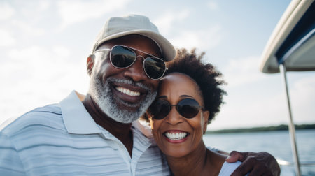 Happy african american couple in sunglasses looking at camera on yachtの素材