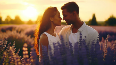 Young couple in love on a lavender field at sunset. Love conceptの素材