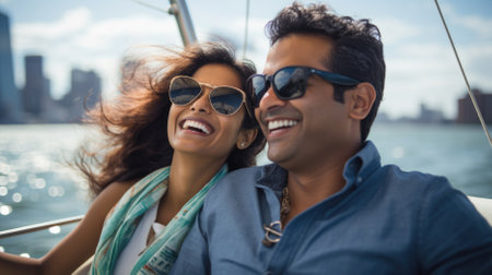Beautiful couple sailing on a boat in New York City, wearing sunglassesの素材