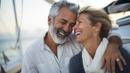 Happy senior couple sitting on the deck of a sailboat at seaの素材