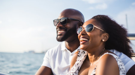 cheerful african american couple in sunglasses sitting on yachtの素材