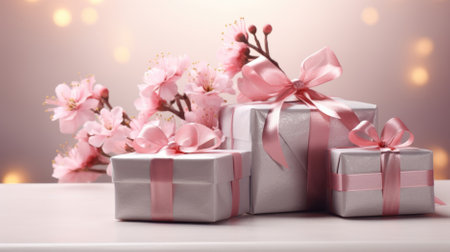 Beautiful gift boxes with pink ribbons on table against blurred backgroundの素材