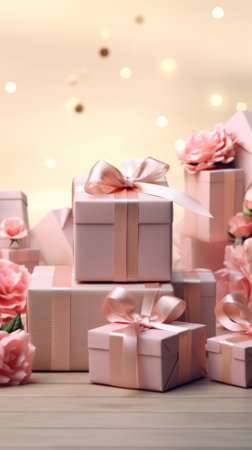 Beautiful gift boxes with bow on white wooden table, closeupの素材