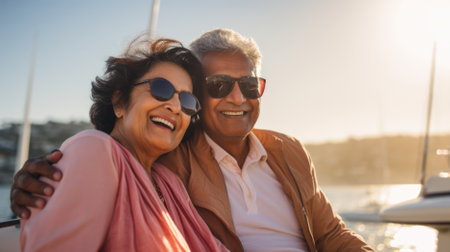 Portrait of happy senior couple standing together on yacht at sunny dayの素材