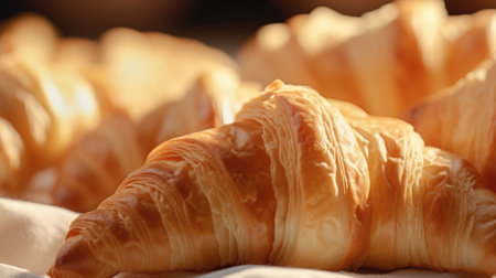 Freshly baked croissants on table, closeup. French breakfastの素材