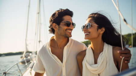 Beautiful young couple in love is having fun on a yacht.の素材