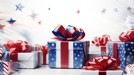 Gift boxes with american flag and ribbons on white backgroundの素材