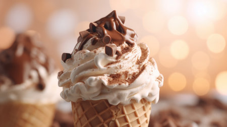 Delicious ice cream in waffle cone on blurred background, closeupの素材