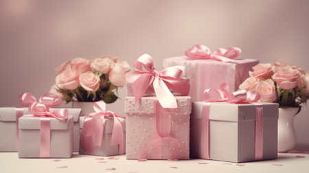 Gift boxes with pink ribbon on pink background. Valentine's day concept.の素材