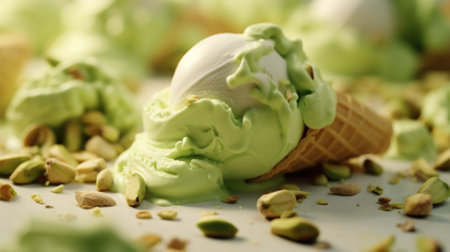 Green pistachio ice cream in waffle cone, closeupの素材