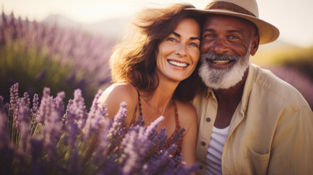 Portrait of happy senior couple embracing each other in lavender fieldの素材