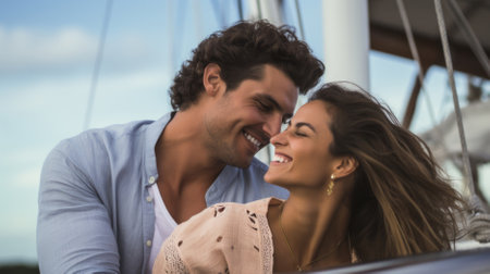 Portrait of a happy young couple embracing and looking at each other while sitting on a yachtの素材